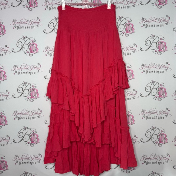 Free People Dresses & Skirts - Free people dress/skirt tiered ruffle frilly pink red maxi flowy beach tropical